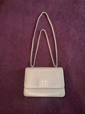 Tory Burch Pebbled Leather Shoulder Bag Britten Gray with Silver Chain